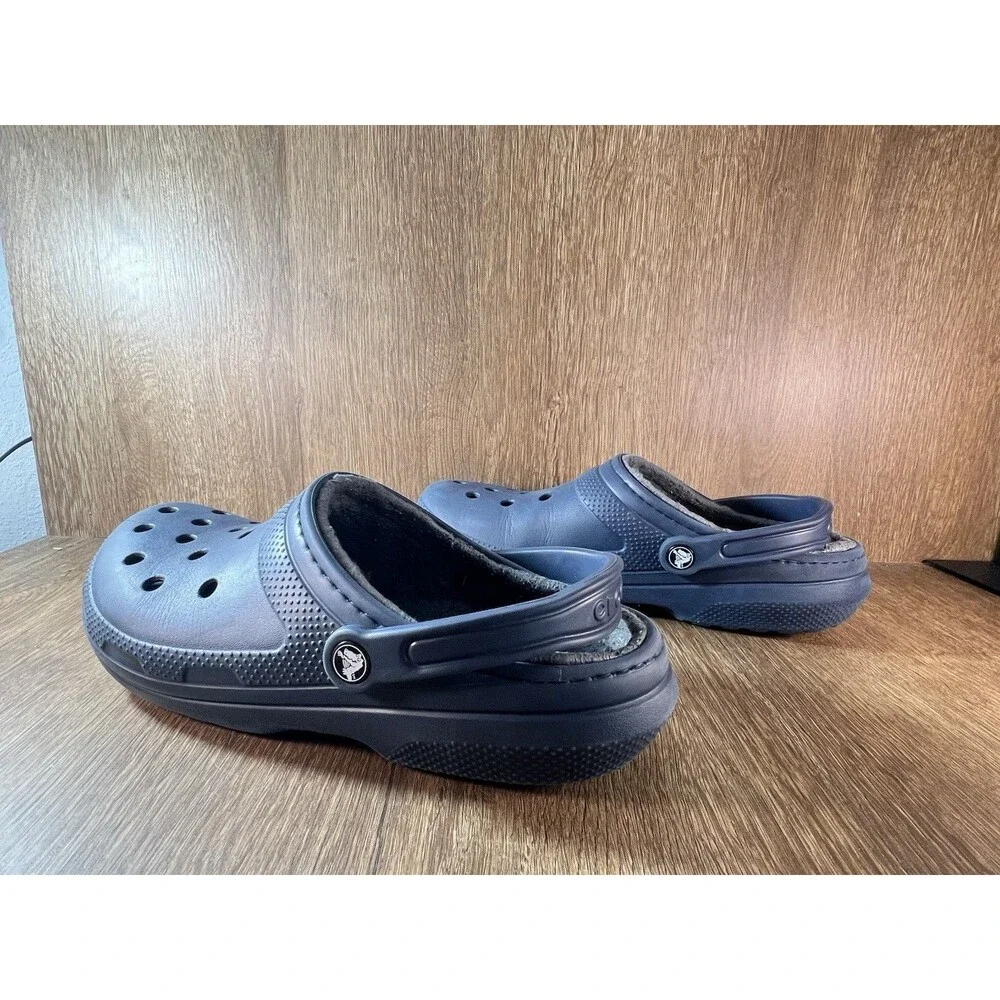 Crocs Dual Comfort Navy Faux Fur Lined Slip On Clogs Sandals Men 10 Woman 12